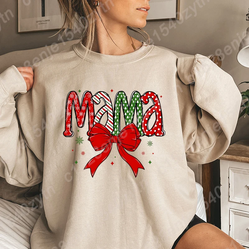 

Christmas Mama Sweatshirts for Women, Coquette Bow Print Sweatshirts, Long Sleeves Crew Neck Pullovers, Women Xmas Sweatshirt