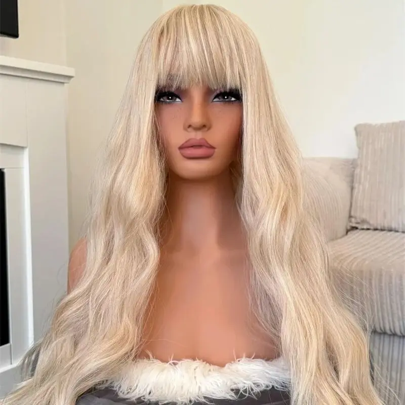 Ombre White Platinum Blonde Water Wave Synthetic Hair With Bnags Transparent Lace Front Women's Wig Natural Preplucked Hairline