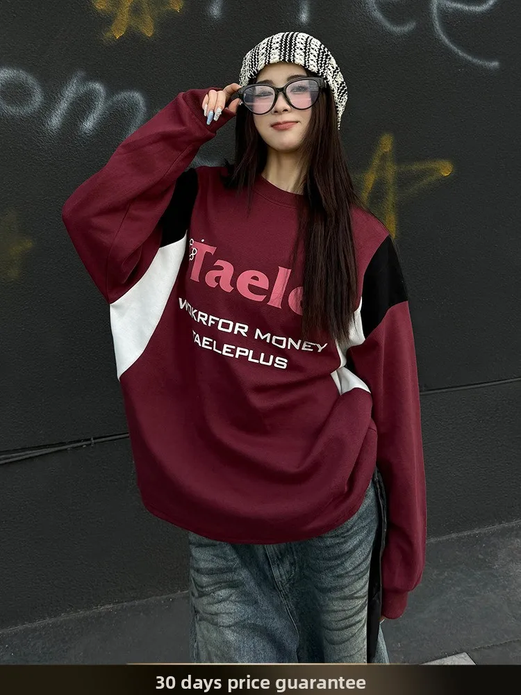 

Tented American Sle Long Sve T-irt Color Blo Letter Print round Ne Loose Fit Sportswear for Teenagers Autumn Season