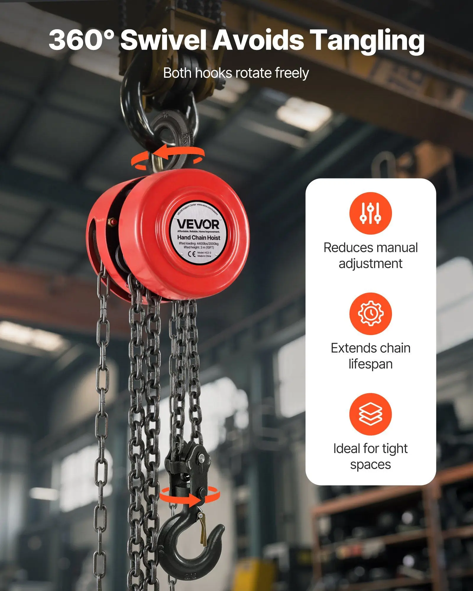 رافعة سلسلة يدوية 2 طن/4400 رطل 10 أقدام ارتفاع الرفع G70 سلسلة مجلفنة، بكرة يدوية شديدة التحمل لمستودع المرآب