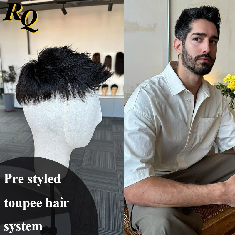 Pre Styled Cut Men\'s Human Hair System Bio Pu Basement Toupee For Men Male Hairpiece Toupee Virgin Human Hair Replacement System