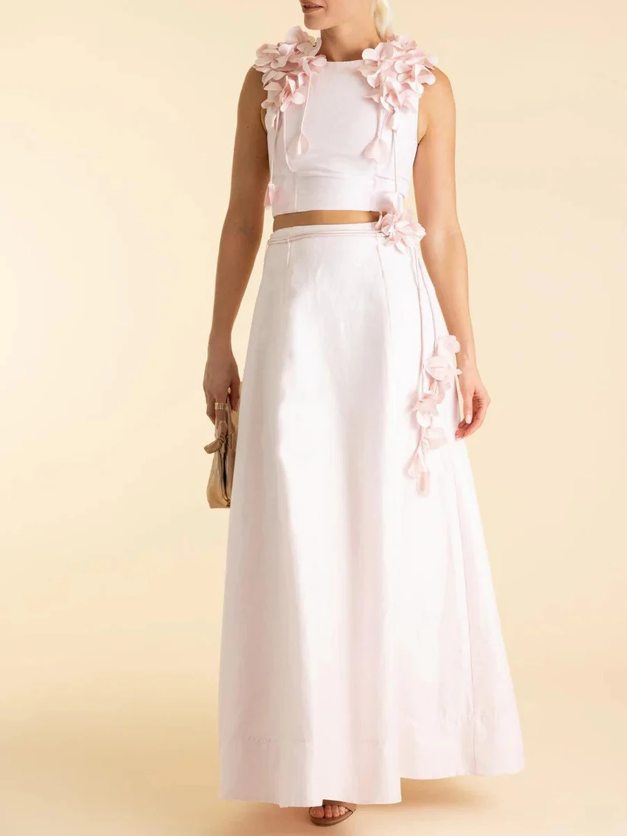 TWOTWINSTYLE Solid Slimming Spliced Tassels Two Piece Sets for Women Round Neck Sleeveless Top High Waist Skirt Set Female New