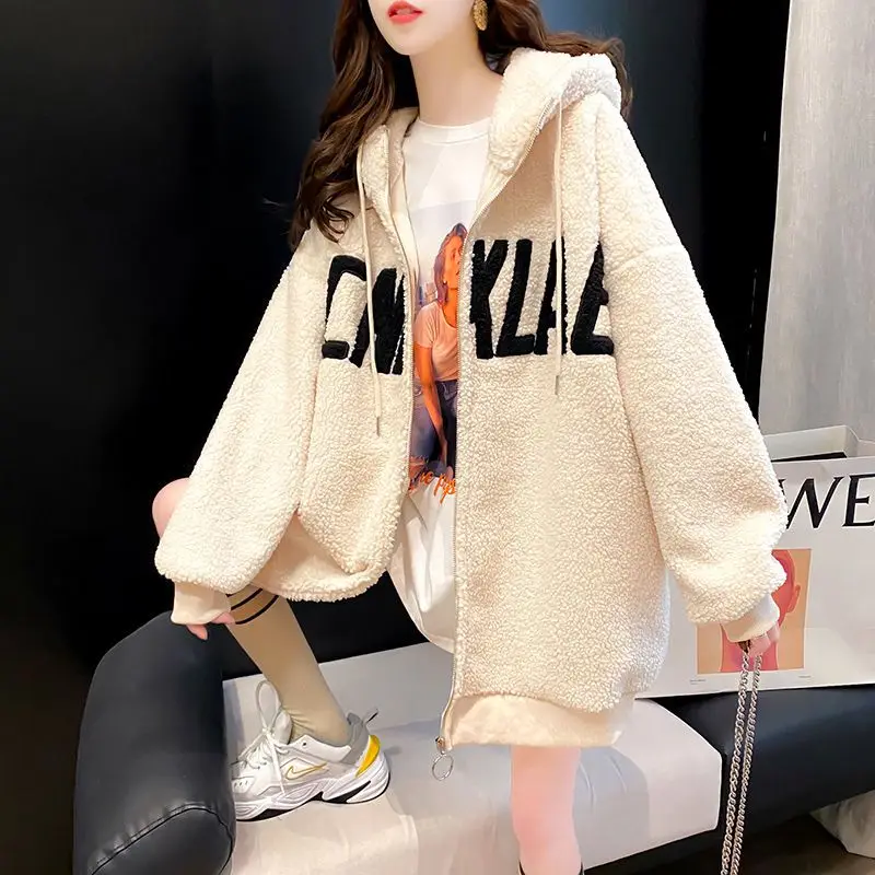 Fashion Zipper Casual Letter Hoodies Sweatshirts Female Clothing 2024 Autumn Winter New Loose Korean Tops All-match Sweatshirts