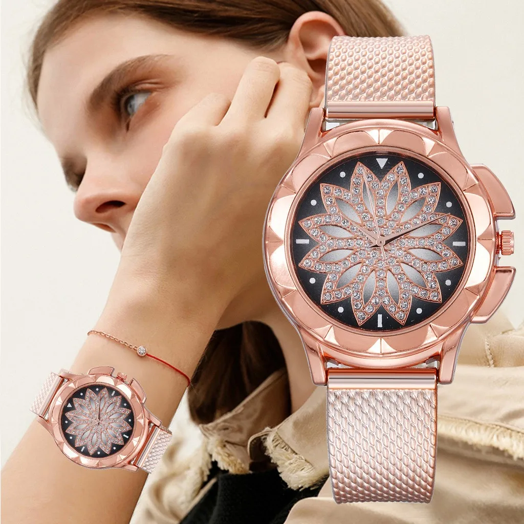 

Silicone Mesh Band Women’s Watch Trendy Raised Edge Flower Rhinestone Print Quartz Watch Rose Gold Frame Slim Case Wristwatch