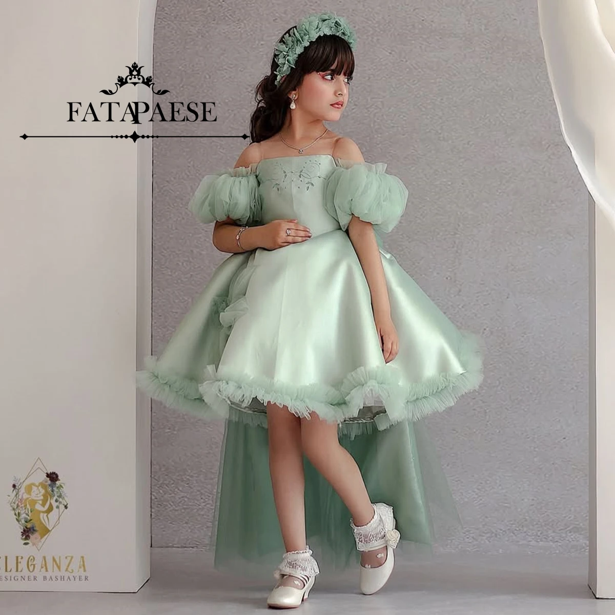 FATAPAESE Customized Flower Girl Dress High-Low Off-shoulder Gown Kid Fluffy Puffy Sleeve Detachable Tail JuniorBridesmaid