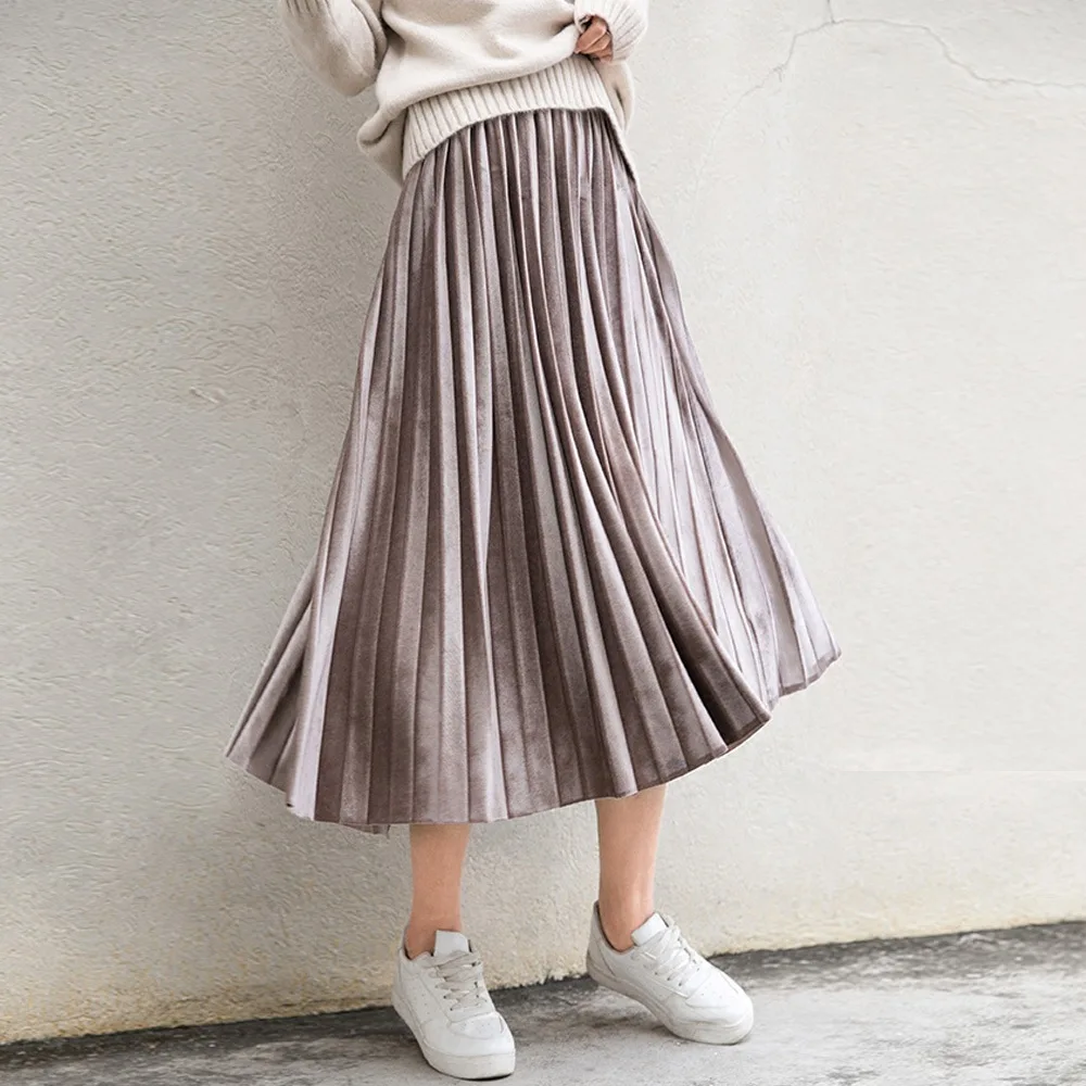 

Spring 2020 Women Long Metallic Silver Maxi Pleated Skirt Midi Skirt High Waist Elascity Casual Party Skirt