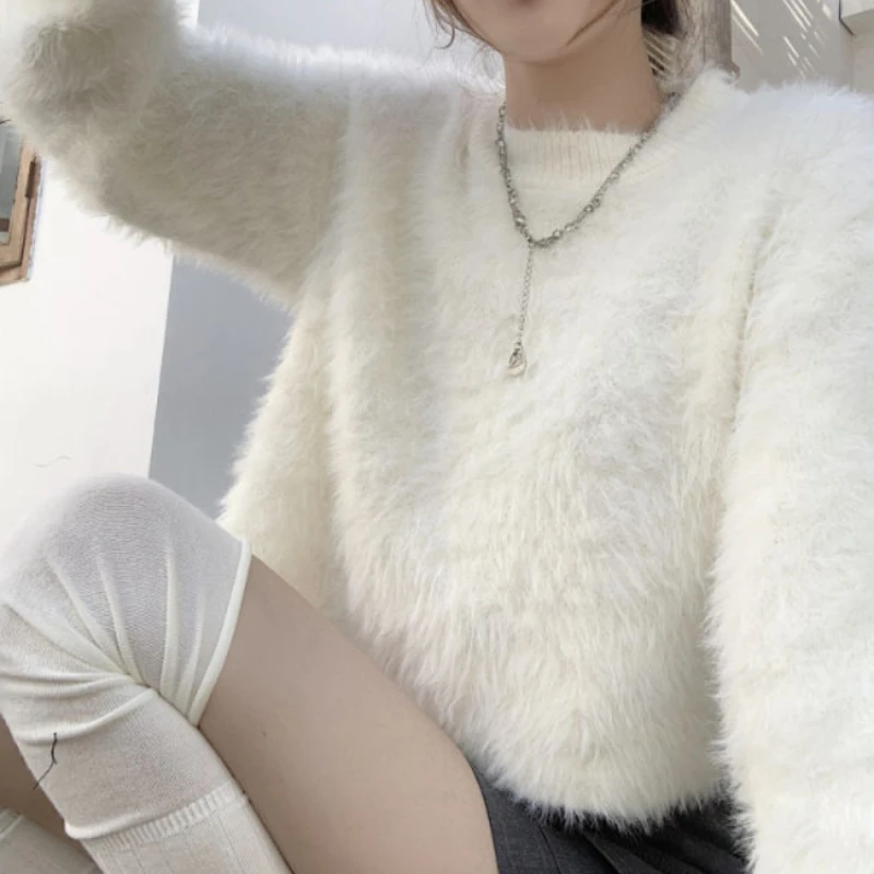 Pullovers Women Solid Fall Winter Slim-fit Long Flare Sleeve Knitted Sweaters O-neck Crop Tops Korean Style Simple All-match