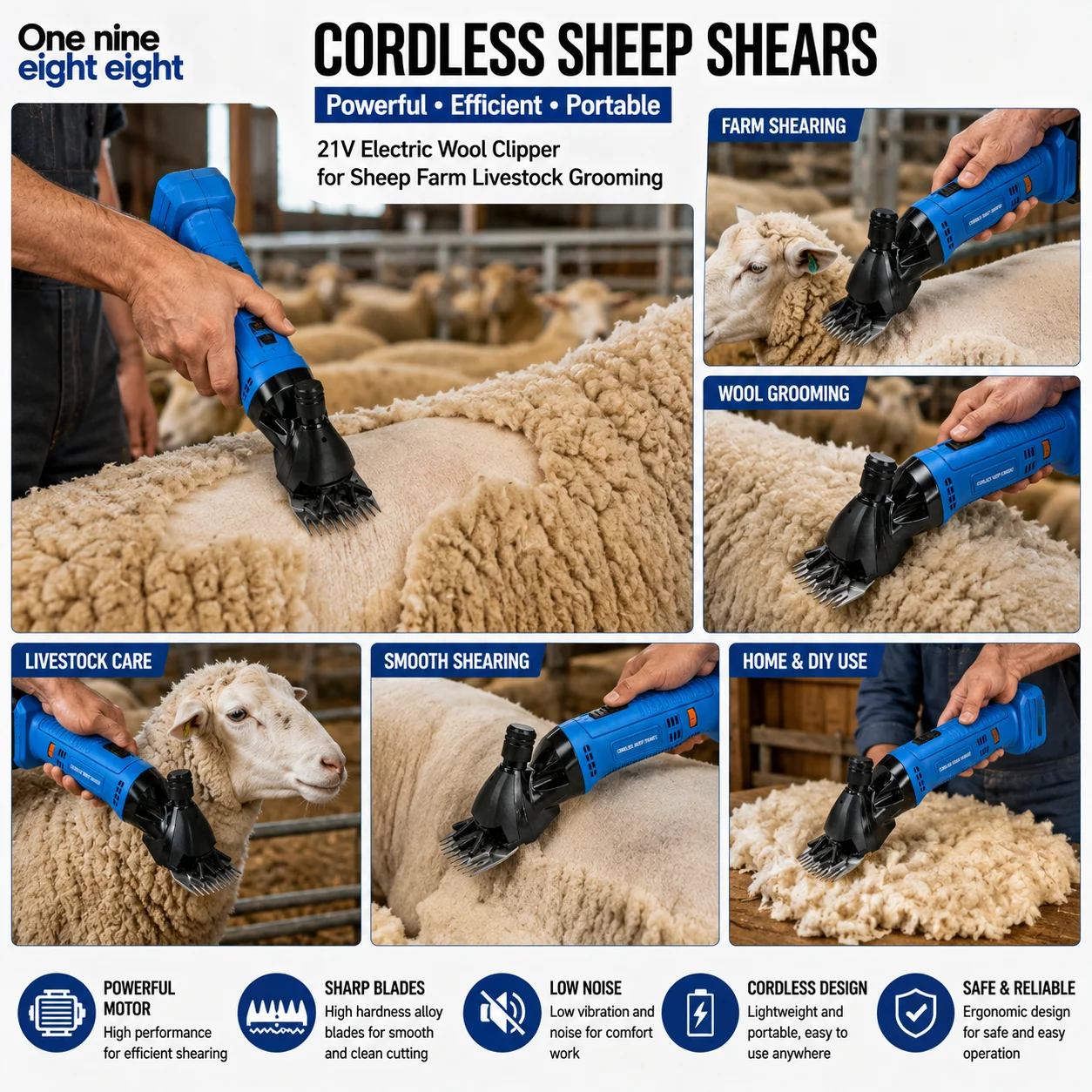 One Nine Eight Eight Cordless Sheep Shears 21V Electric Wool Clipper High Power Rechargeable Shearing Machine for Sheep Farm Liv