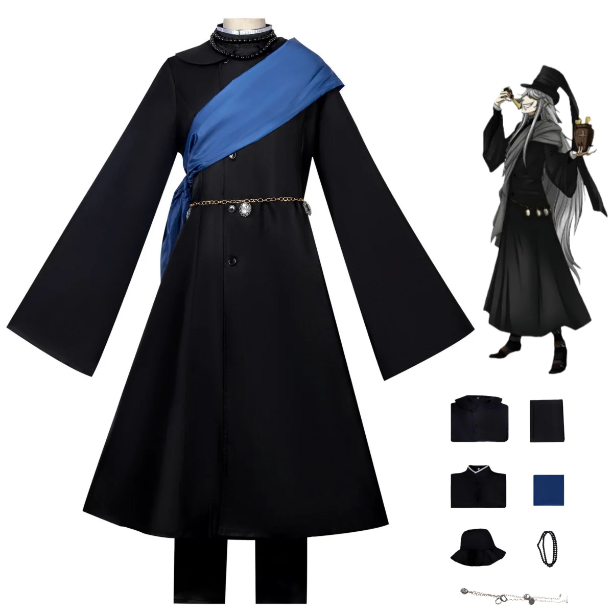 Disfraz de Cosplay de Anime Black Butler Under Taker, Túnica Negra, Capa, Bufanda, Uniforme, Conjunto Completo con Peluca, Traje de Carnaval de Halloween para Hombre Adulto