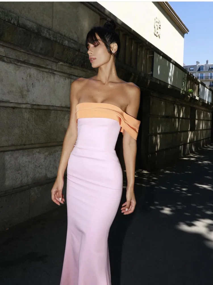 2023 New Arrival Pink Color Women Sexy Off the Shoulder Bodycon Bandage Long Maxi Dress Celebrate Evening Party Birthday Dress