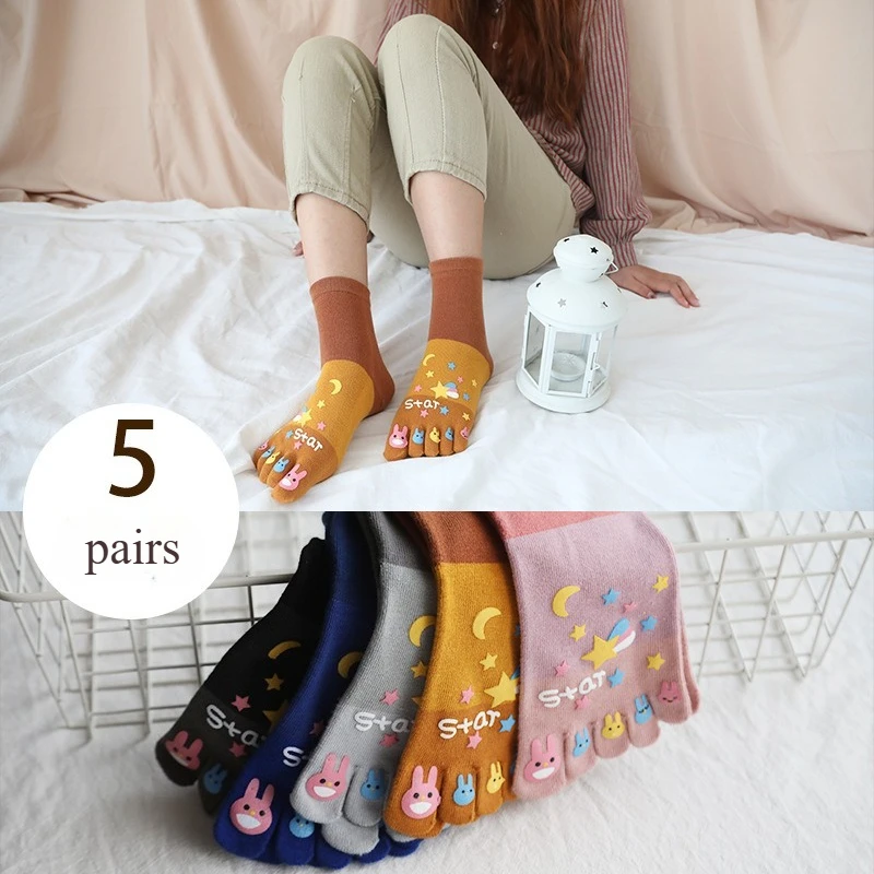 5 Pairs Five-finger Socks Women Cotton Spring and Summer Middle Tube Breathable Creative Women Cartoon Split-toe Socks
