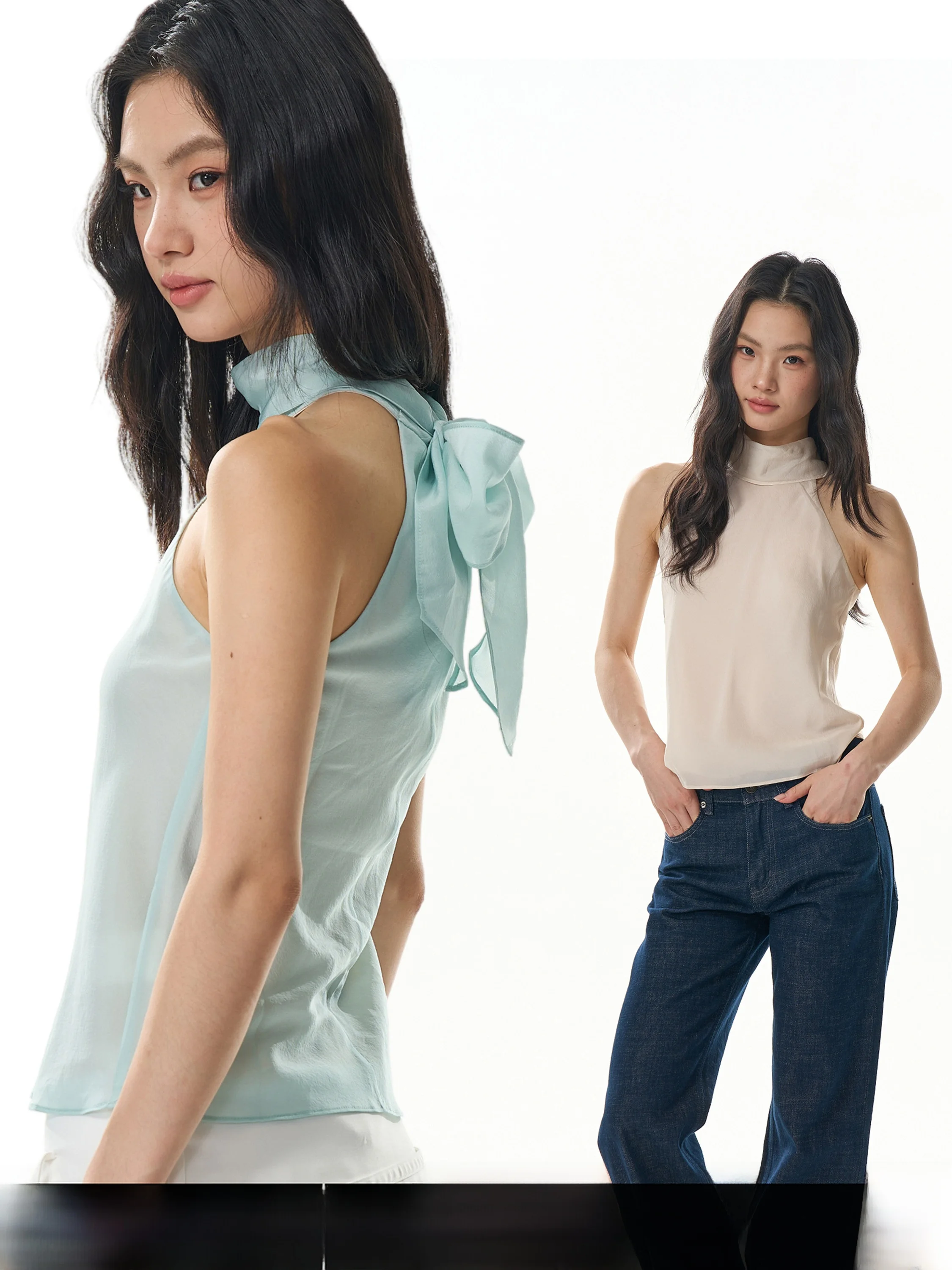 GOGO BURN Light Blue High Collar Halter Neck Strap Vest Women Summer Sleeveless Lightweight Belted Slimming Top