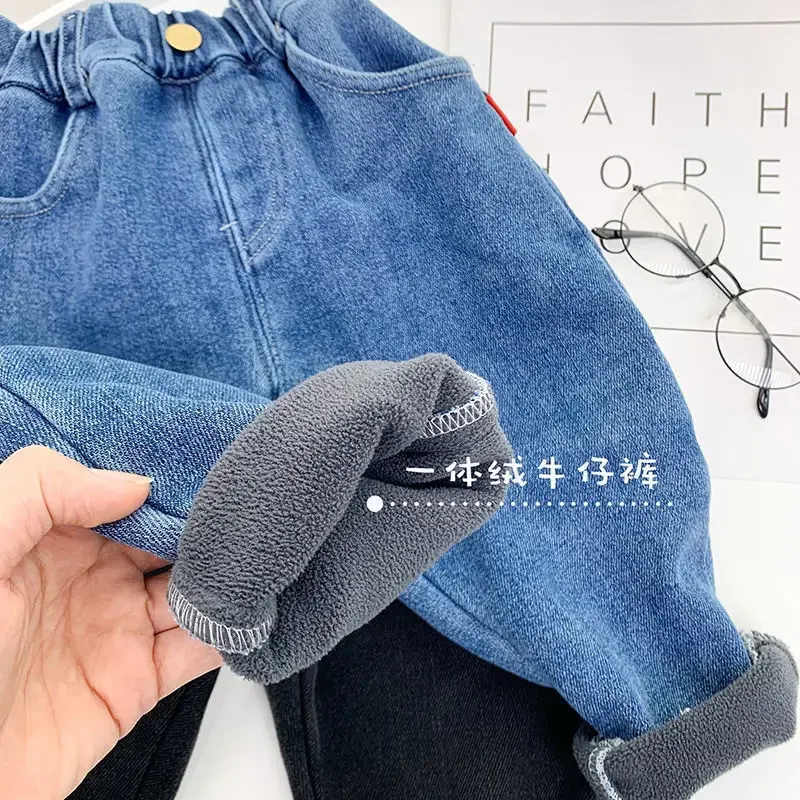 Boys Clothes Denim Pants Casual Solid Color Fleece Thermal Trousers Oversize Toddler Kids Winter Pants Baby Boy Cotton Jeans