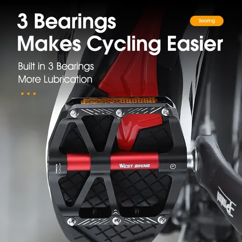 Imagen 2 del producto WEST BIKING-pedales ultraligeros para bicicleta de montaña y carretera, piezas reflectantes de aleación de aluminio, antideslizantes, CNC, 3 rodamientos