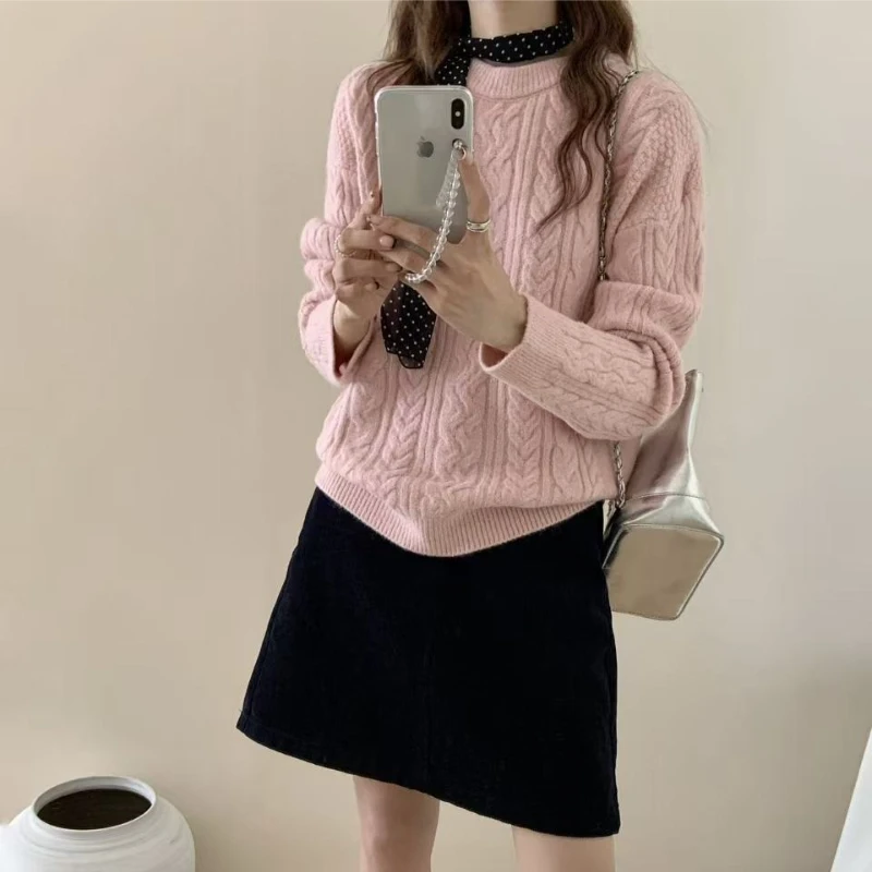 الخريف والشتاء المرأة الجديدة أنيقة محبوك جولة الرقبة البلوز سترة الكورية الراقية تصميم دافئ سترة بأكمام طويلة #6