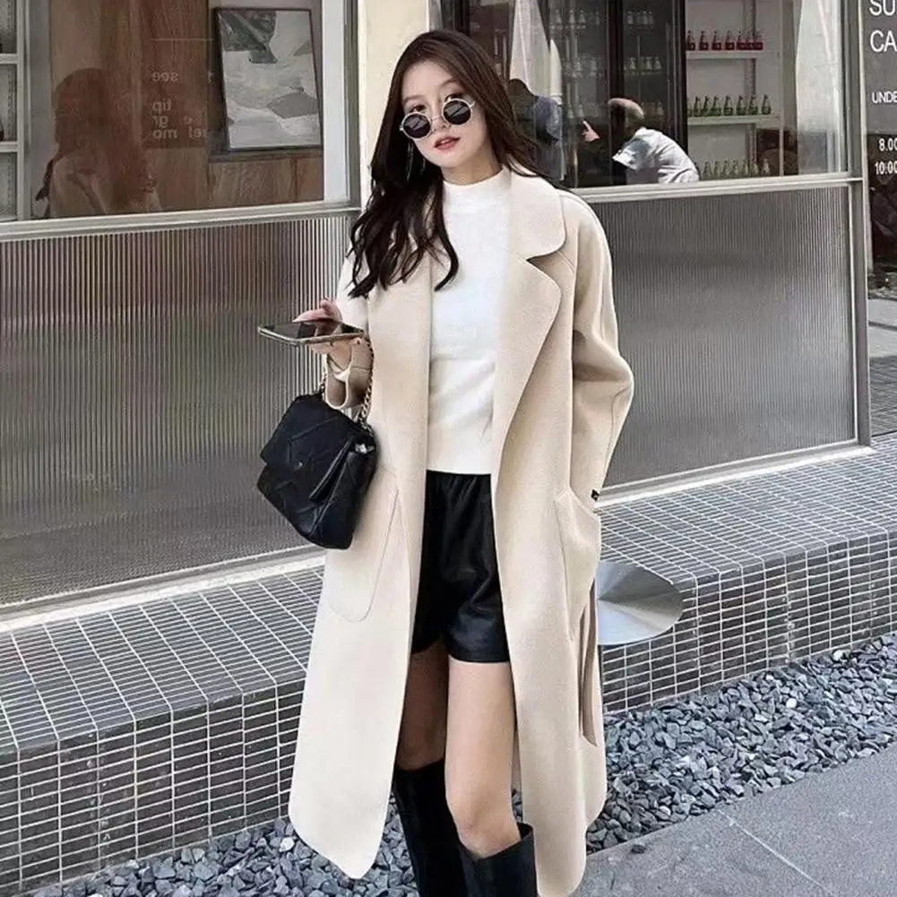 

Long-sleeved Jacket Women's Mid-length Solid Color Overcoat with Turn-down Collar Open Stitch Pockets Warm Thick Fabric for Fall