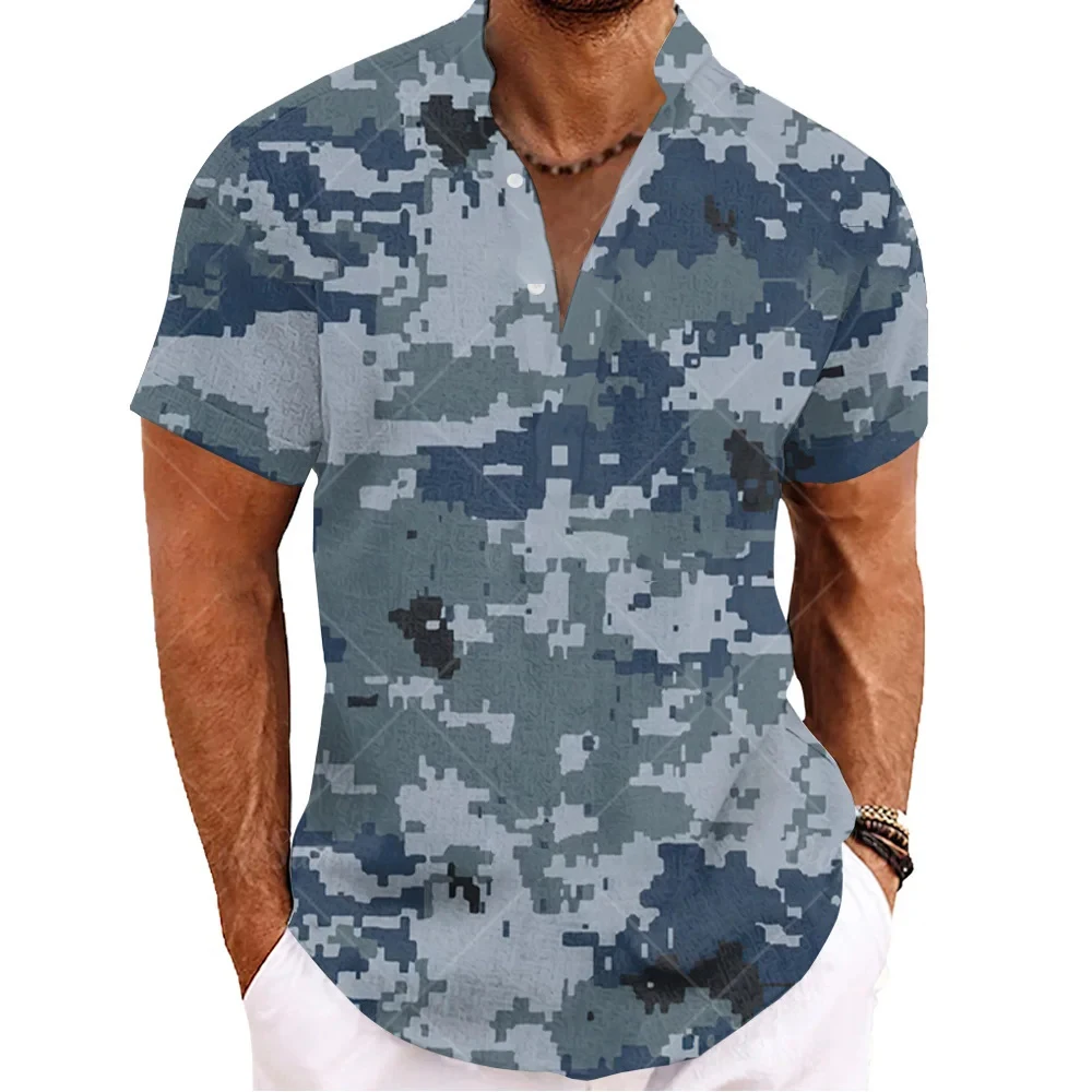 

Camo Series Vacation Style Plus Size Shirt Hot Selling Short Sleeved Shirt Stand Up Collar Casual Top WG14