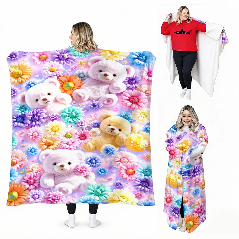 1pc Teddy Bear Floral Print Wearable Blanket-Soft and comfortable, perfect for lounging, sleepovers and gift giving.