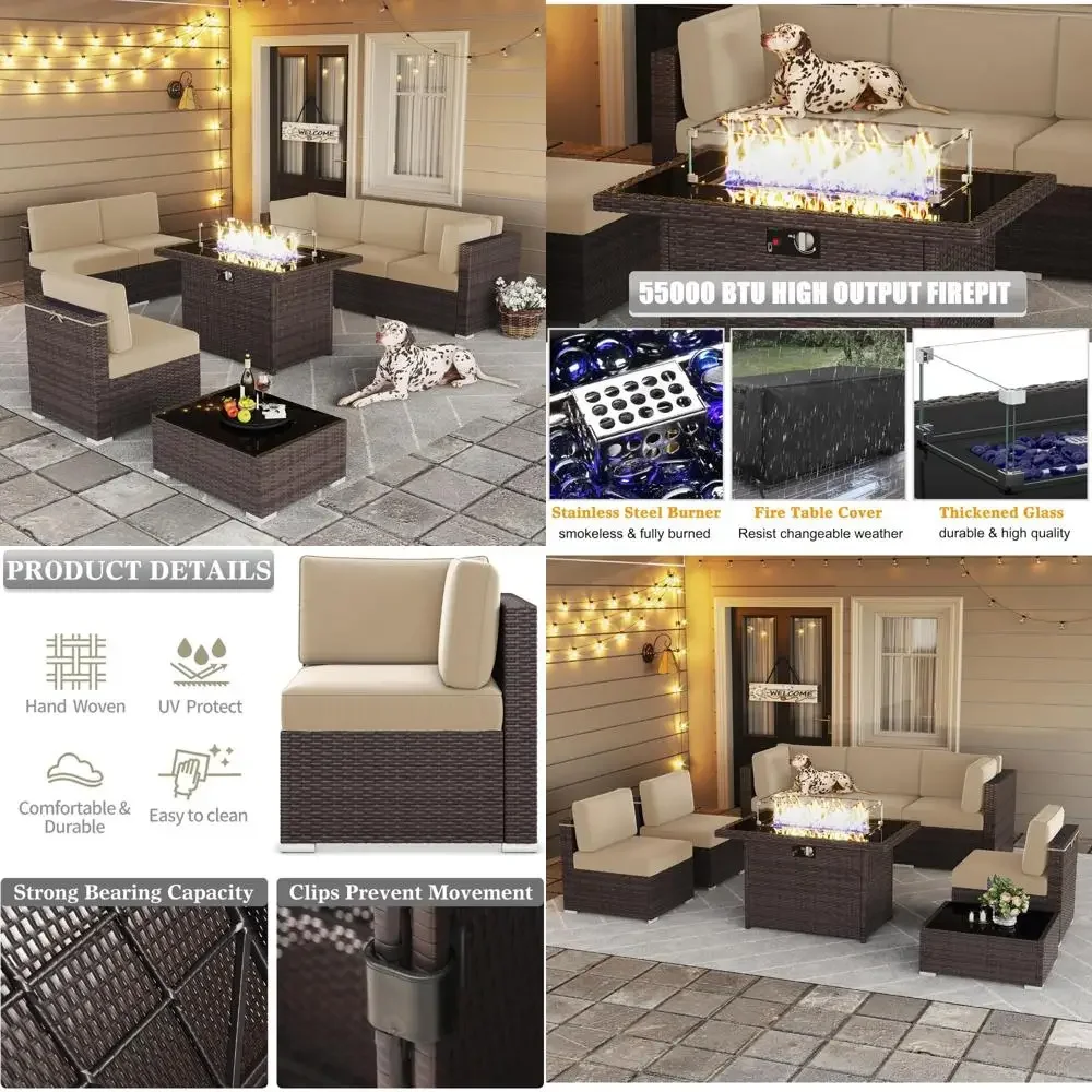 

Комплект мебели для патио из коричневого ротанга с секционным диваном из 8 предметов и столиком для огневой ямы диаметром 44 дюйма.