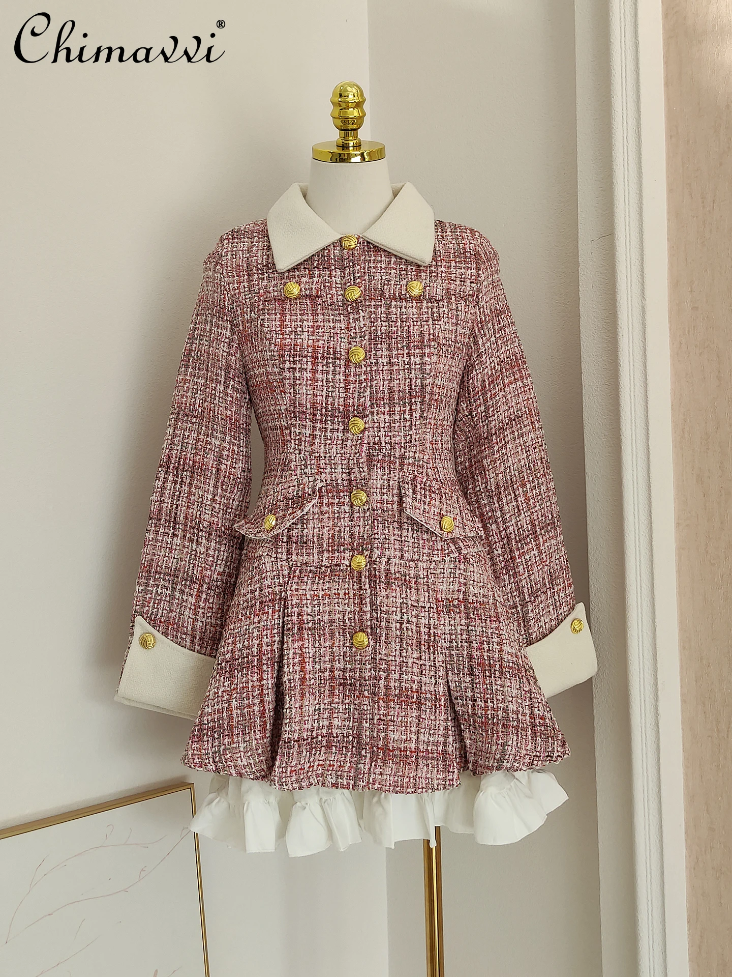 

French Style Elegant Socialite Retro Lapel Long Sleeve Single-Breasted Ruffles Spliced Slim Pink Tweed Short Dress Women Autumn