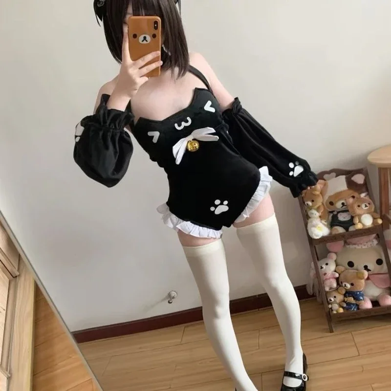 Sexy Cute Japanese Harajuku Halter Slim Fit Bodysuit Y2k Kawaii Cartoon Print Spliced Pleated Jumpsuit Punk with Arm Warmerst