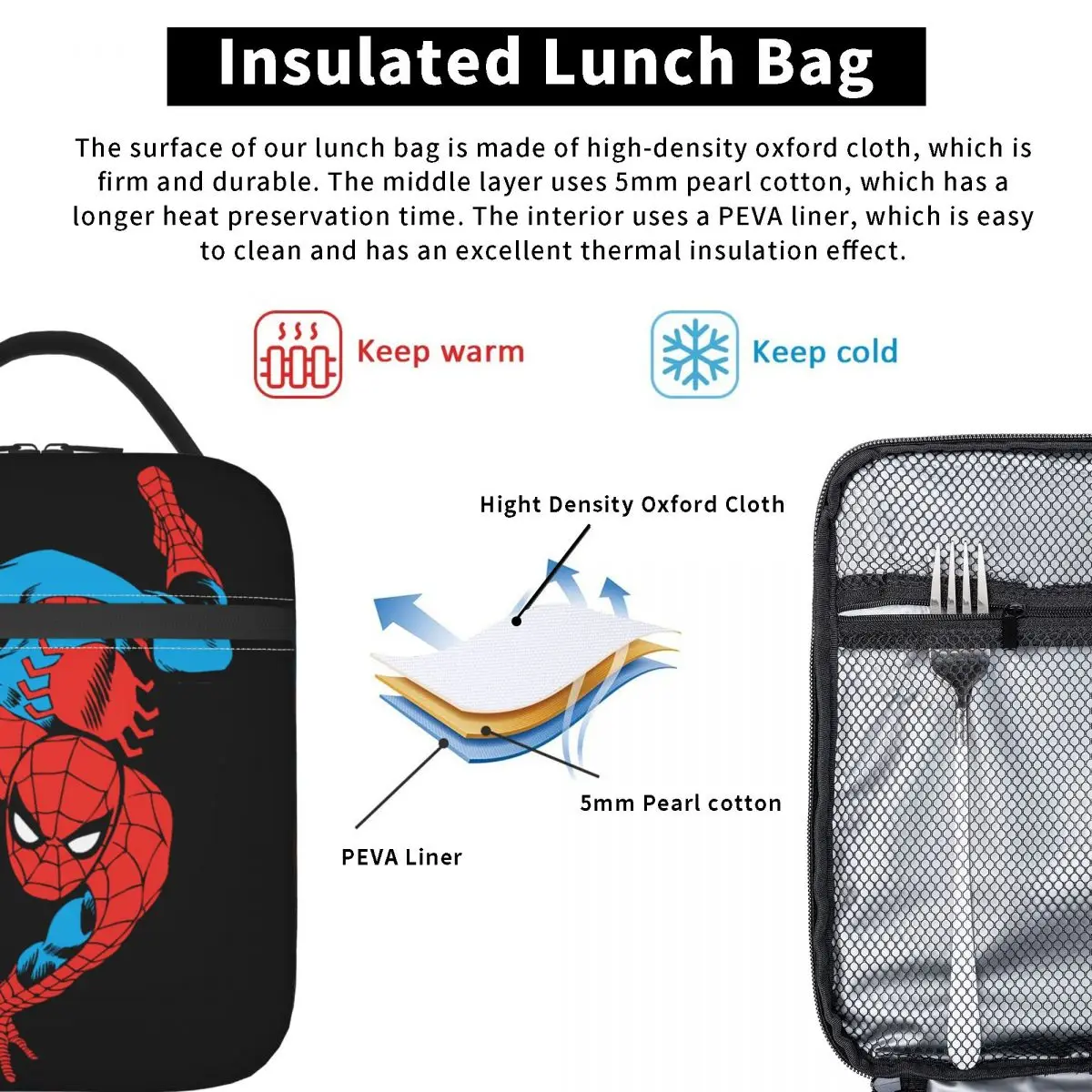 Bolsa de almuerzo con aislamiento térmico para hombre araña, contenedor de comida a prueba de fugas, bolsa Bento para oficina y exteriores