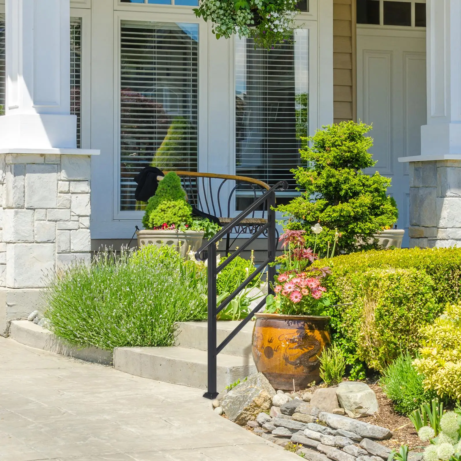 for outdoor Wrought Iron Handrails for 1-3 Steps, Easy Install Kit, Black Transitional Design