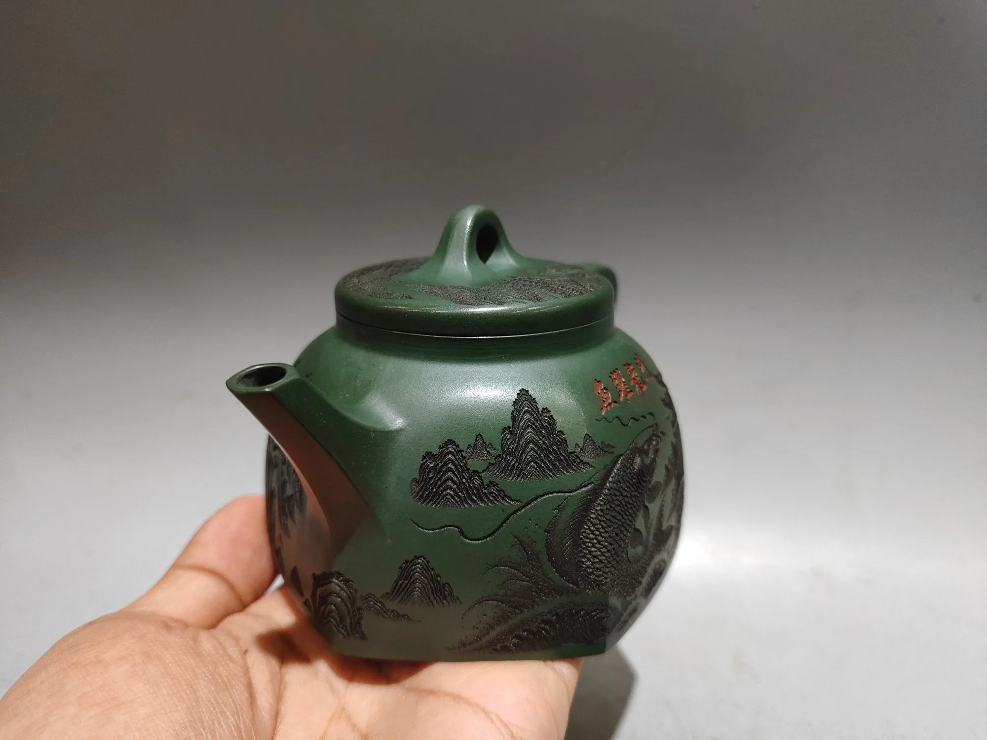 Yixing Purple Clay Teapot a fish leaping over the dragon gate pattern Good luck and happiness Six sided pot  Teapot Tea Maker