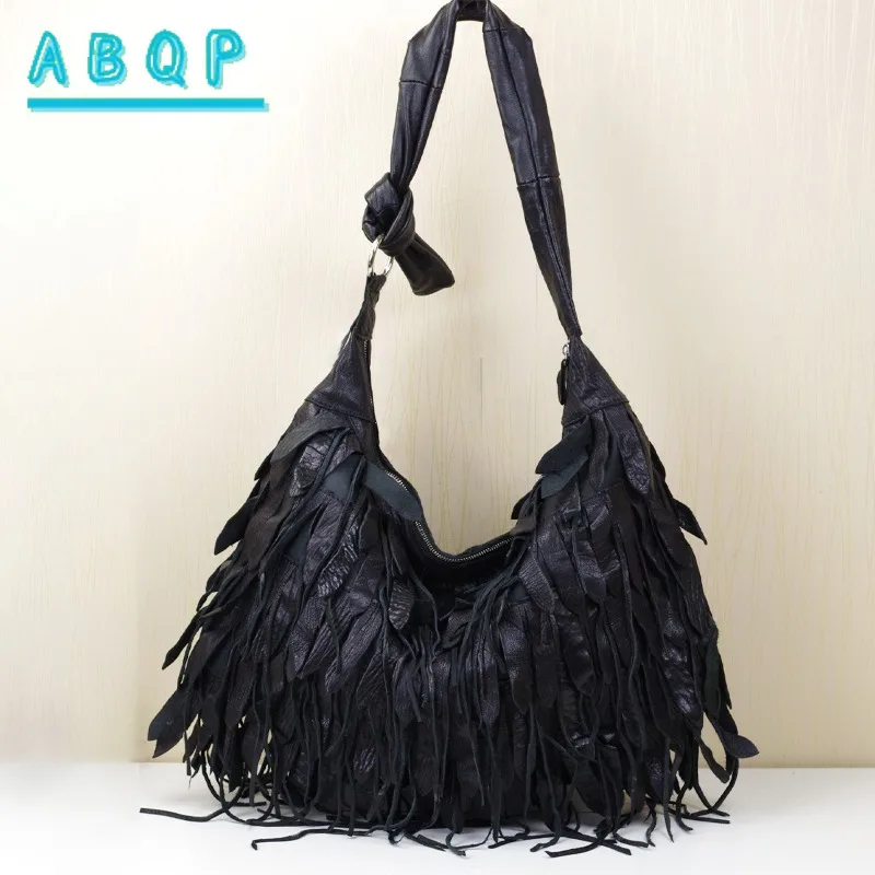 

Women's Handbag Luxury Brand Genuine Leather Women's Shoulder Bag Black Tassel Casual Women's Bag Large Capacity High Quality