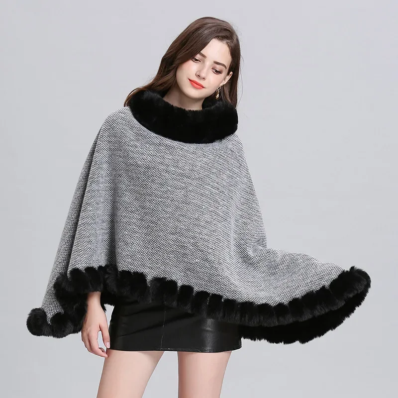 10 Kleuren Fluwelen Warme Pullover Mantel Wintergat Nep Konijnenbont Streetwear Vrouwen Capes Effen Poncho Gebreide Losse Jas Met Ronde Hals