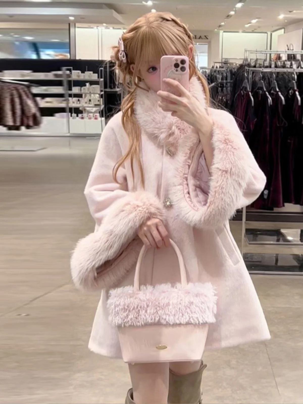 

Japanese Vintage Luxury Wool Blend Coat Women Sweet Style Fur Collar Cloak Coat Winter Pink Outerwear Kawaii
