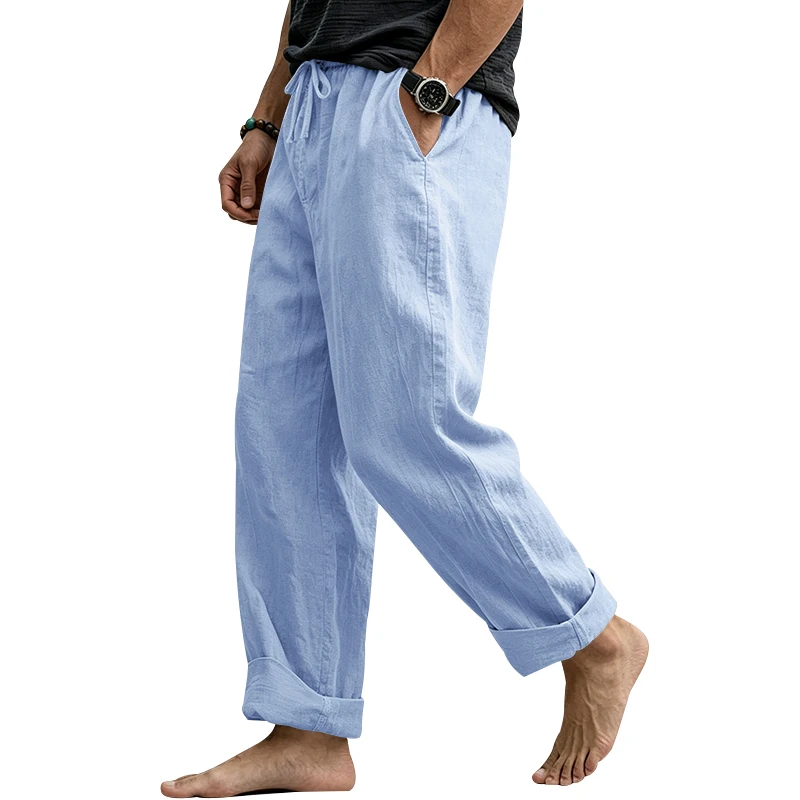 Sommerliche Herren-Leinenhose, Lässige Hawaiian-Hose mit Elastischem Kordelzug, Atmungsaktive Gerade Lange Hose mit Taschen für Alltag und Zuhause – Detail 29
