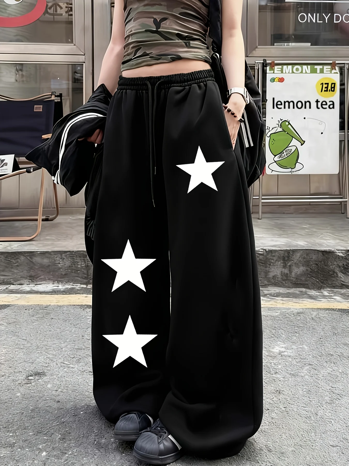 Women's Star Print Fleece Sweatpants for Autumn and Winter Warm Casual Loose Stylish and Versatile Streetwear Trendy