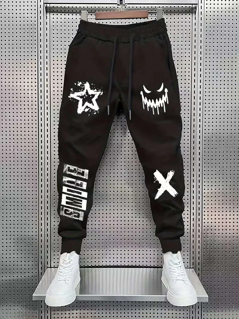 Street Trendy Cool Style Men's Loose Legged Sports Pants Printed Sanitary Pants Daily Casual Drawstring Knitted Pants