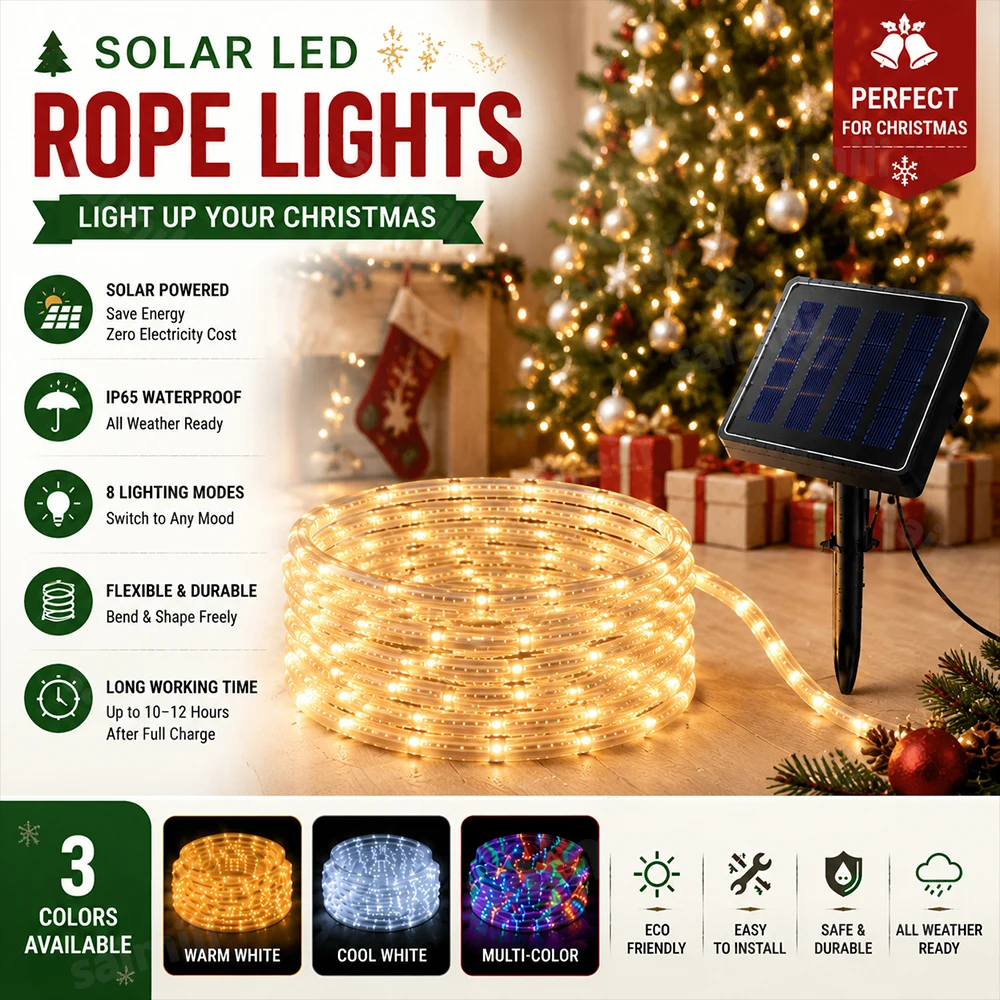 Solar LED String Lights Waterproof Tube Rope Outdoor 8 Modes for Garden Eave Fence Lawn Wedding Christmas Holiday Home Decor