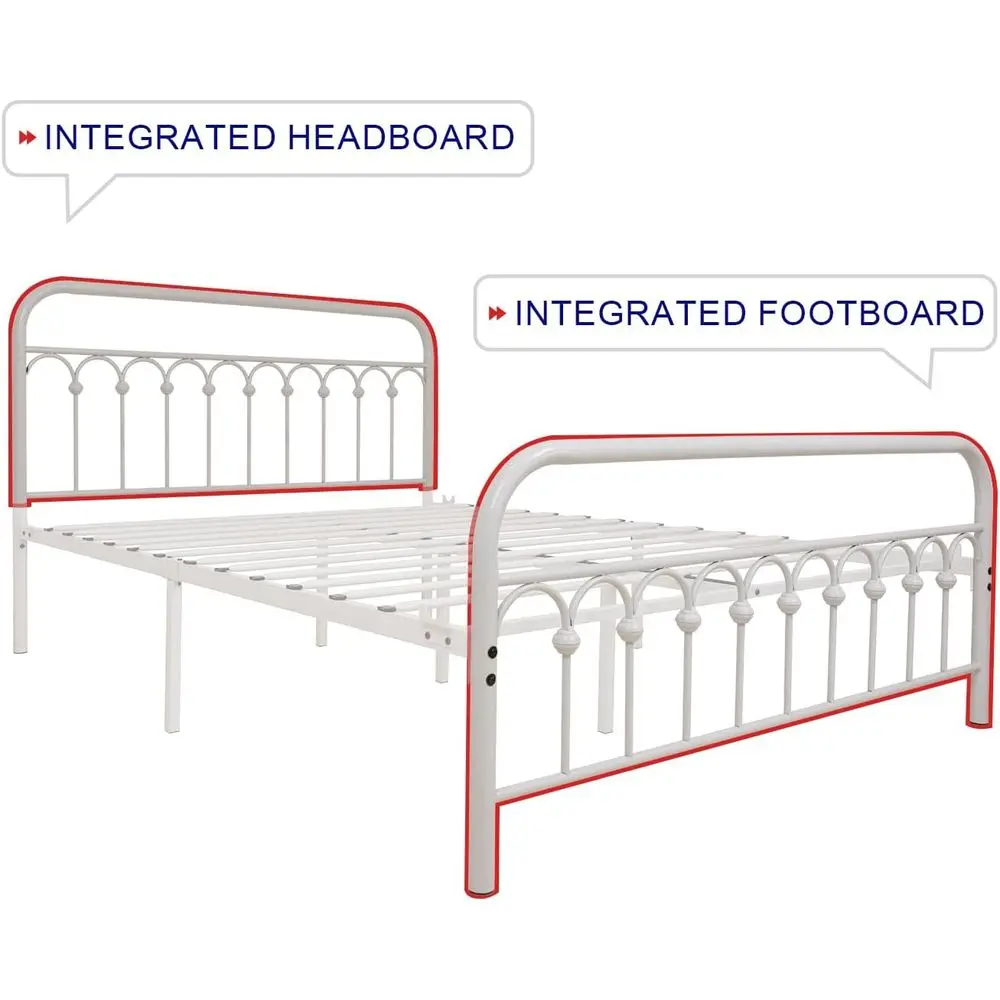 Vintage Queen Metal Bed Frame with Wrought Iron Headboard, Footboard, and Platform Base (White)