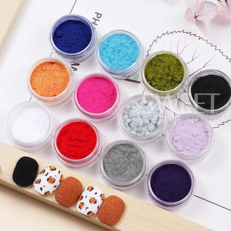 12 قطعة الشتاء يتدفقون المخملية مسمار مسحوق DIY نصائح تصميم ثلاثية الأبعاد الملونة المخملية يتدفقون الغبار مسحوق بريق السنة الجديدة مانيكير ديكور