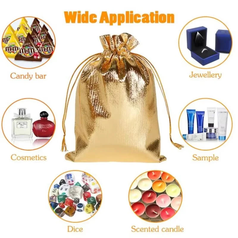 

50pcs Gold Gift Drawstring Bag, Jewelry Storage Bag, Candy Bar Chocolate Wrapping Cloth Bag, Metallic Foil Pouch