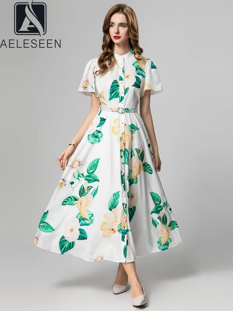 

AELESEEN Spring Summer Midi Dress Women Design Fashion Flare Sleeve Flower Printed Single-breasted Belt Elegant Party Female