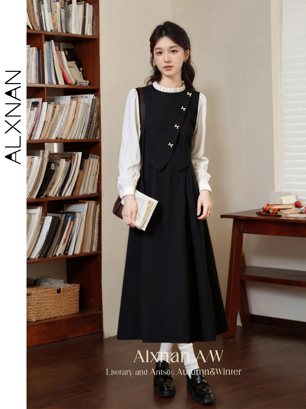 

ALXNAN Women's Fake Two Piece Dresses Romantic Agaric O-neck Bow Buttons Long Sleeve 2024 Autumn Winter A-line Midi Dress A00602