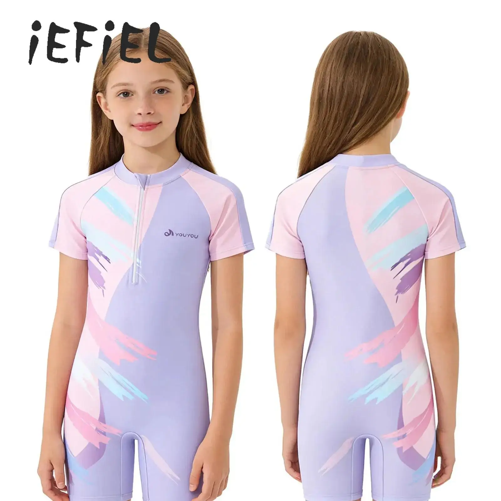 

Girls One Piece Quick-dry Training Swimwear Short Sleeve Front Zipper Contrast Color Sun Protection Swimsuit Beach Bathing Suit