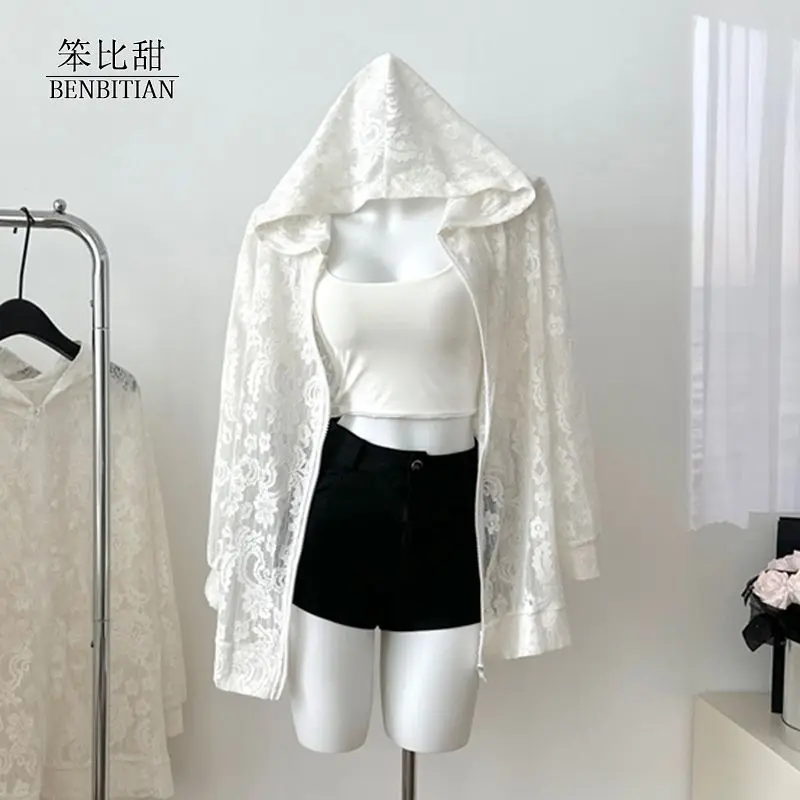 

Design Sense: Thin Lace Cardigan Hooded Jacket For Women Loose And Fashionable Casual Sun Protection Top For Summer