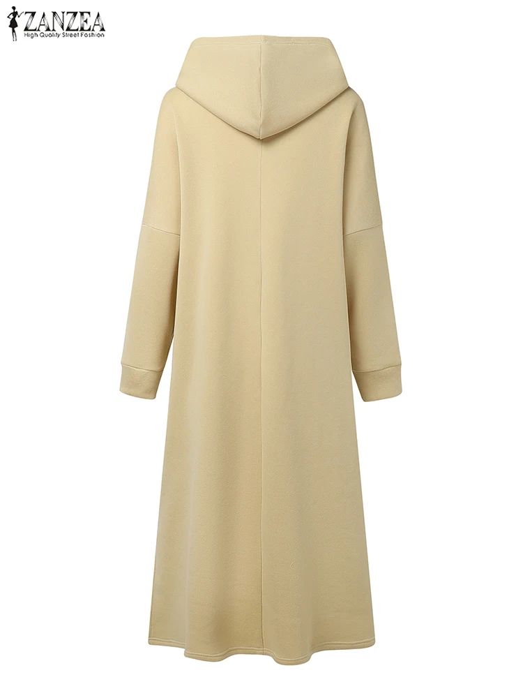 حجم كبير 5XL ZANZEA المرأة موضة البلوز فساتين الخريف طويلة الأكمام مقنعين رداء الصلبة جيوب فضفاضة غير رسمية طويلة Vestidos