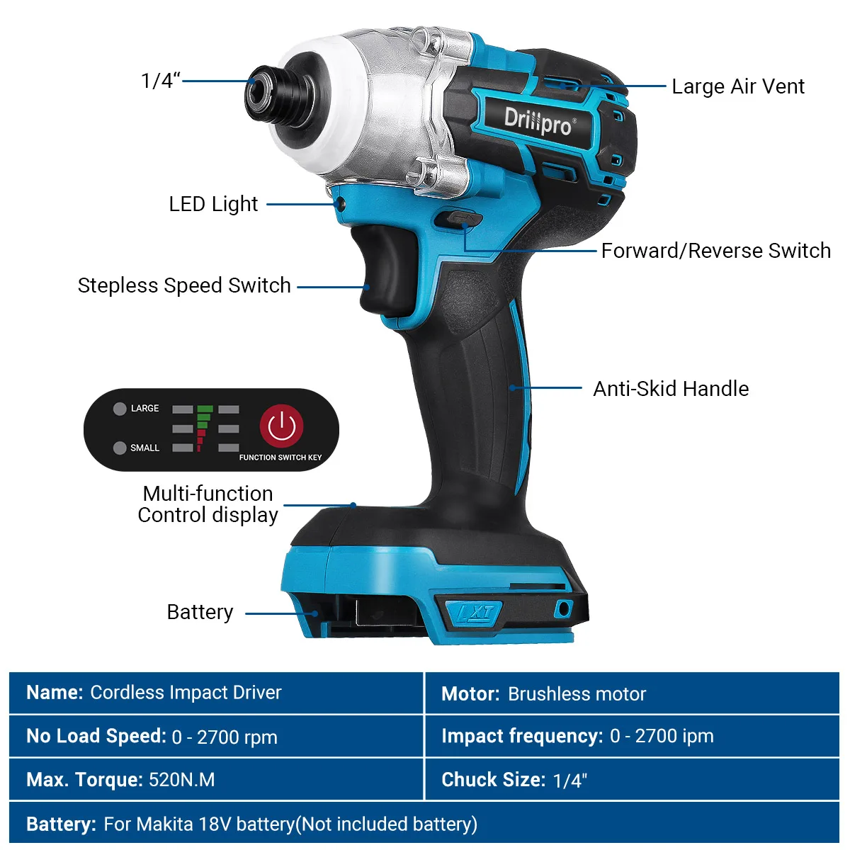 Drillpro Brushless Cordless Electric Screwdriver Power Tool Drill Driver 1/4 inch Compatible For Makita 18V Battery(Tool Only)