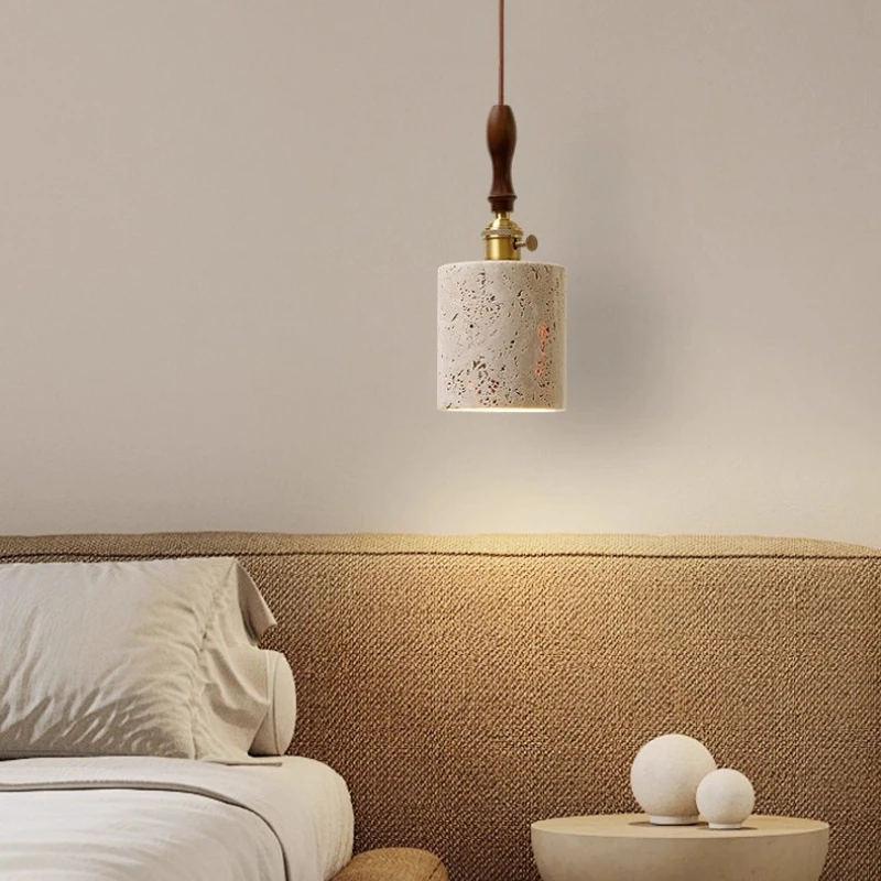

Nordic Yellow Travertine LED Chandelier Lustre Marble Stone Bedside Ceiling Chandelier Lighting for Bedroom Living Dining Room