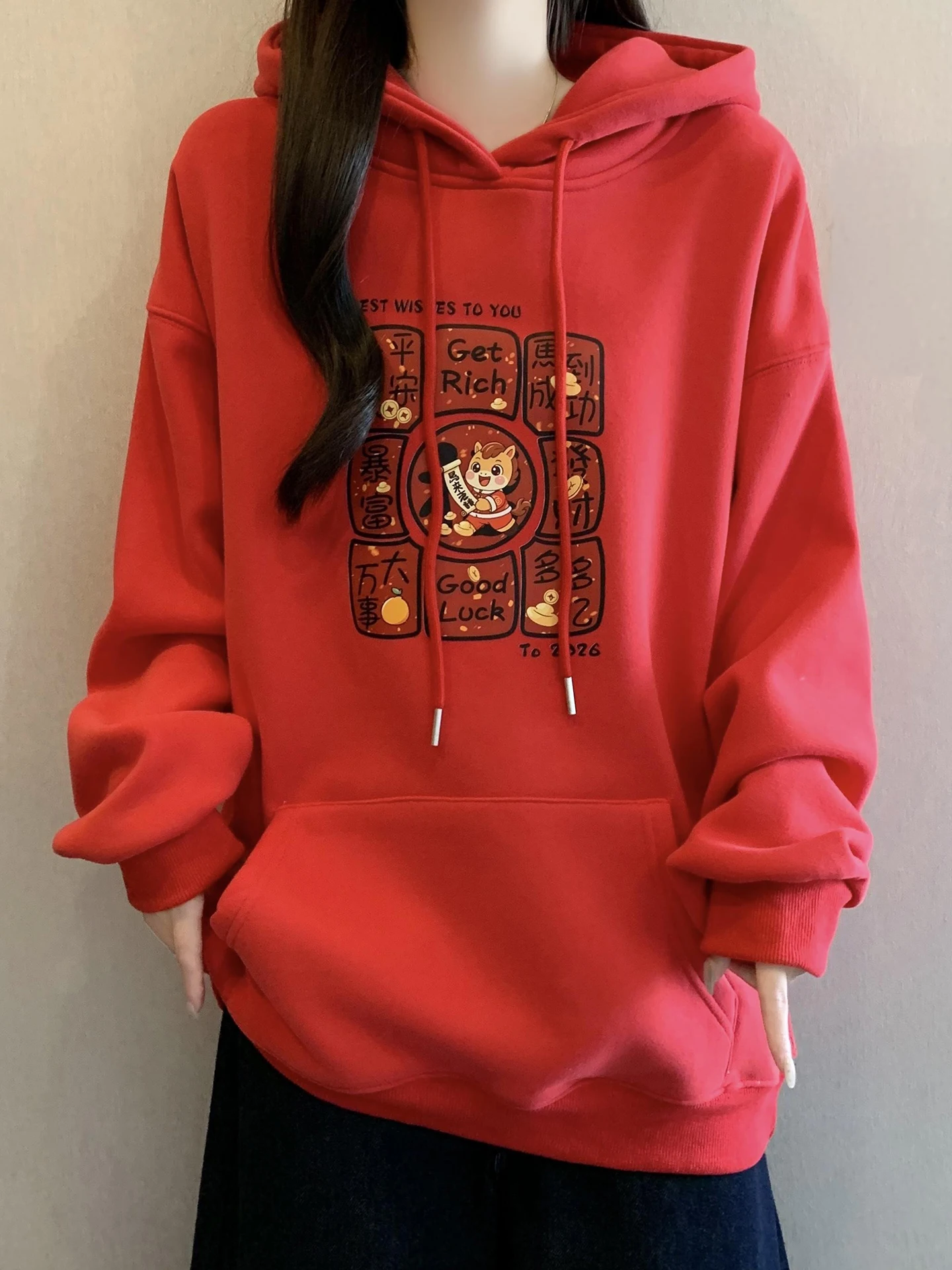 

Женская красная толстовка 2026 года, осенне-зимняя, больших размеров, свободного кроя, на флисовой подкладке, ультрамодная, в корейском стиле