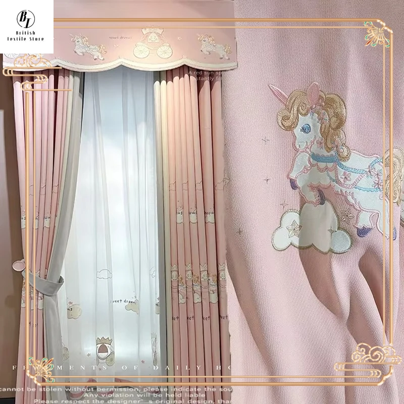 

Kids-children Cartoon Children's Room Embroidery Pink Curtains for Living Room Bedroom Dining Pink Blackout Tulle Valance Cute