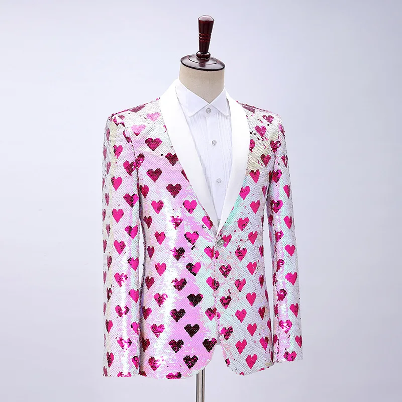 2025 Blazer de lentejuelas que cambia de Color de amor con cuello de fruta verde a la moda para hombres, chaqueta de vestir de actuación de presentador de cantante rosa de moda