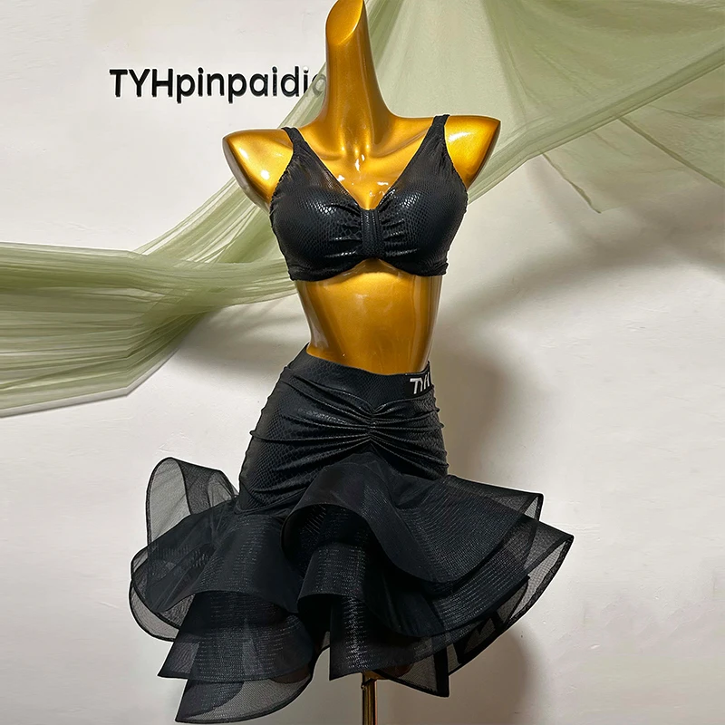 

New 2025 Latin Dance Suit Adult Lady Latin Training Clothes Black Top Folded Multi-Layer Mesh Skirt Women Tango Dancewear 3778