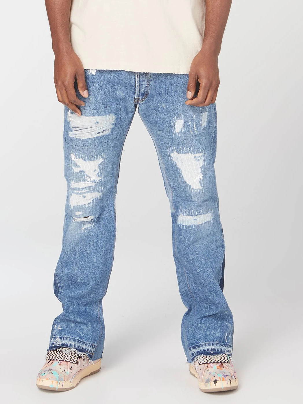 

Индийские джинсы с эффектом потертости и пэчворком, слегка расклешенные, повседневные, в американском стиле, молодежные, модные, прямого кроя